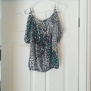Black white and teal blouse